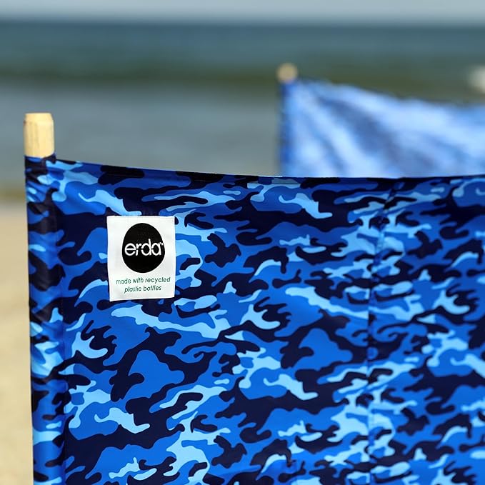Ocean Camo Pro Beach Recycled Polyester Rip-Stop 20 ft Lightweight Windscreen Privacy Screen Wind Blocker Free Matching Shoulder Bag (New Mahogany Wood Poles)