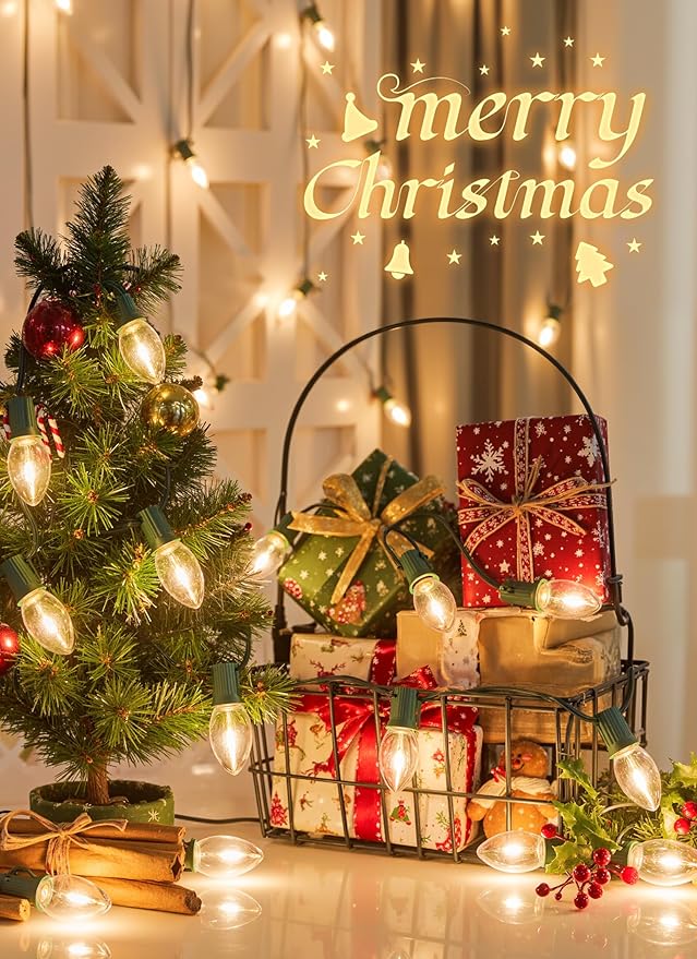 Vintage C9 LED Christmas Lights Outdoor 100 Feet C9 String Lights with 100 LED C9 Plastic Bulbs Waterproof Connectable Lights for Christmas Tree Roofline Garden Patio Backyard Decor Warm White