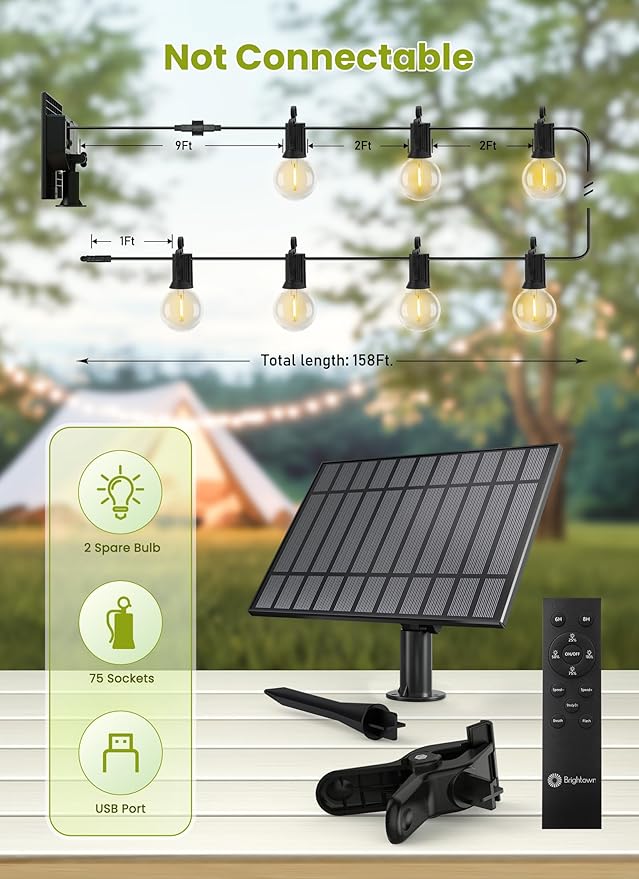 Brightown 158FT Solar String Lights Outdoor Waterproof with Remote Solar Patio Lights with 75 Shatterproof LED Bulbs 3 Light Mode Dimmable &amp Timer Hanging String Lights for Porch Garden Bistro