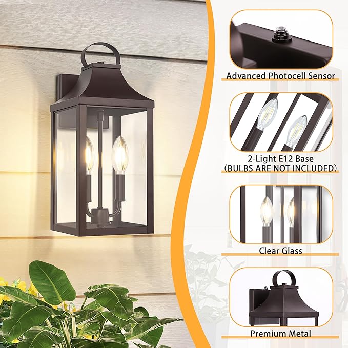 15 Dusk to Dawn Outdoor Wall Lantern 2-Light Outside Modern Wall Sconce Light Fixture Industrial Porch Light Wall Mount with E12 Sockets Waterproof Exterior Lamp Lighting Brown