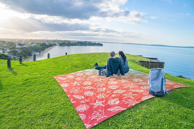WEKAPO Beach Blanket Waterproof Sandproof &amp Sand-Free Beach Mat with Stakes &amp Built-in Storage Bag – Oversized Extra Large Perfect for Outdoor (Coral Sea Shells 8 X 7 FT (1~4 Person))