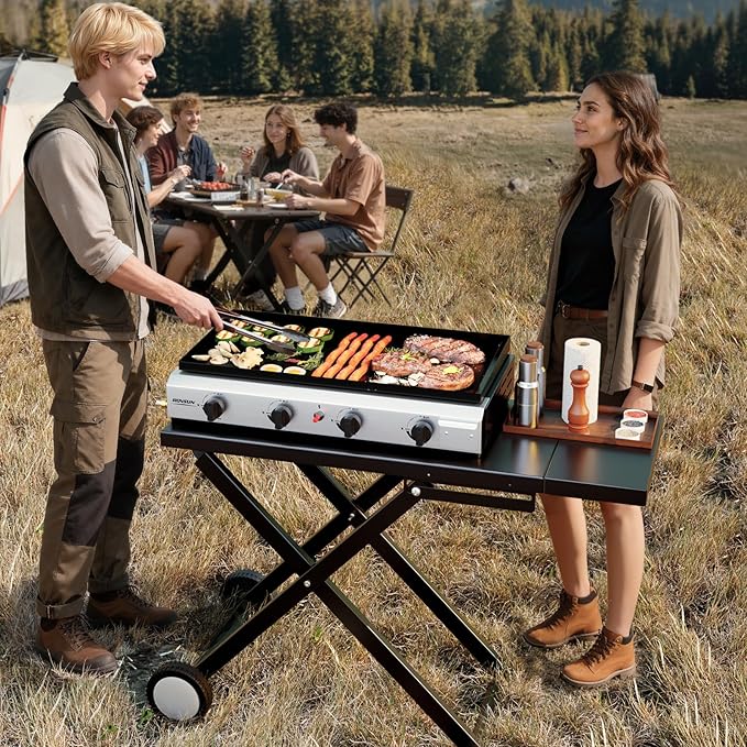 ROVSUN 4 Burner Foldable Propane Griddle with Wheels &amp Enameled Tray 40000 BTU Portable Flat Top Gas Grill with Electronic Ignition &amp Regulator for Outdoor Cooking Camping BBQ Tailgating Picn