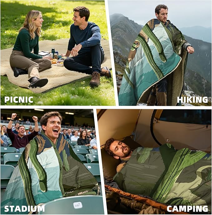 Outdoor Camping Blanket with Sherpa Lining Extra Warm Thick Camp Blankets and Puffy Ultralight Soft Poncho DWR Camping Quilt for Cold Weather Adventure Sleeping Backpacking 78x 56