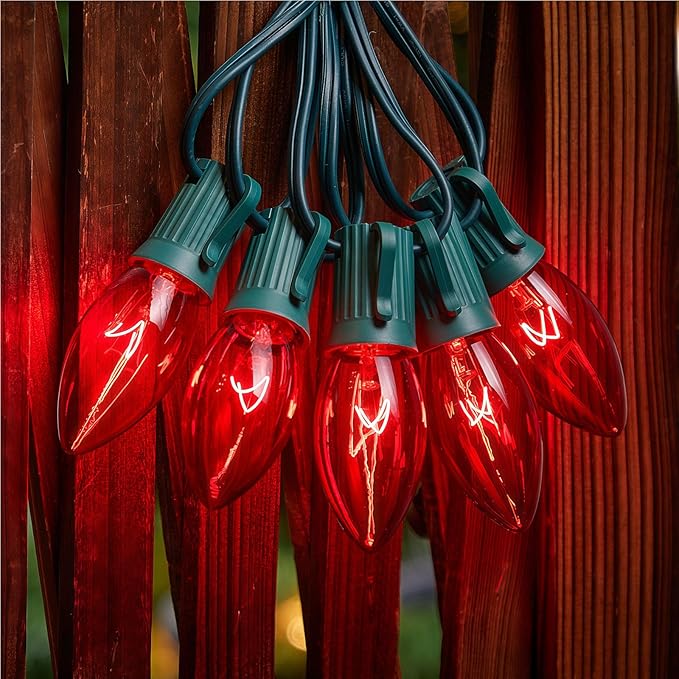 Minetom C9 Red Christmas String Lights 25FT 25 Blubs Bright &amp Warm Outdoor Christmas Lights Long Life C9 String Lights for Tree Patio Gazebo Wreath Green