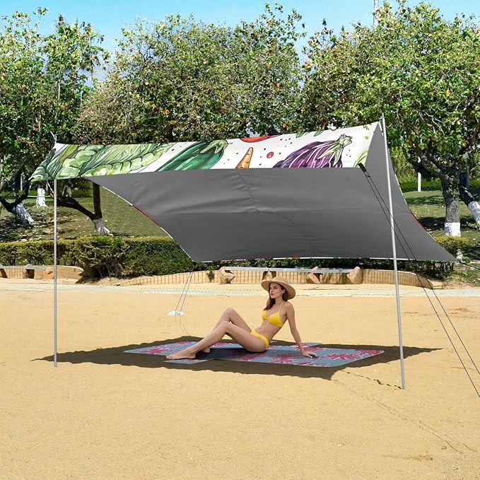 Watercolor Vegetables Beach Tent Sun Shelter 9.2' x 10.5' Beach Canopy with 4 Sandbags 4 Stability Poles Sand Shovels - Tent Canopy for Beach Camping Fishing Picnics