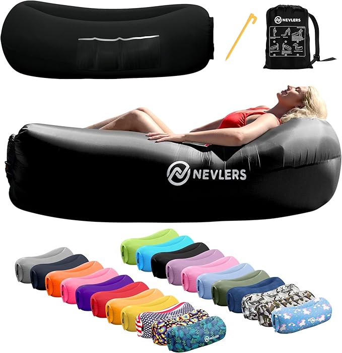 Nevlers Dark Black Inflatable Lounger | 210T Polyester Inflatable Chair | No-Pump Air Couch | Outdoor Inflatable Couch w/ 450lbs. Cap. Pockets &amp Matching Bag | Use as Blow Up Couch for Adults &am