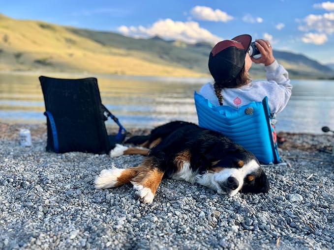 Crazy Creek Inflatable AirCliner Original Chair for Camping Backpacking Beaches Comfort on All Terrains Adjustable Straps Compact Design Dual Purpose Chair and Pad in one Big Sky Blue