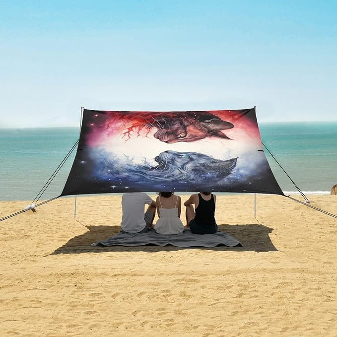 ALAZA Cats in Nebula Beach Tent Sun Shelter UPF50+ Protection Beach Shade Canopy w/ 4 Sandbags for Outdoor Camping Fishing Backyard Fun Picnic 10x9 ft