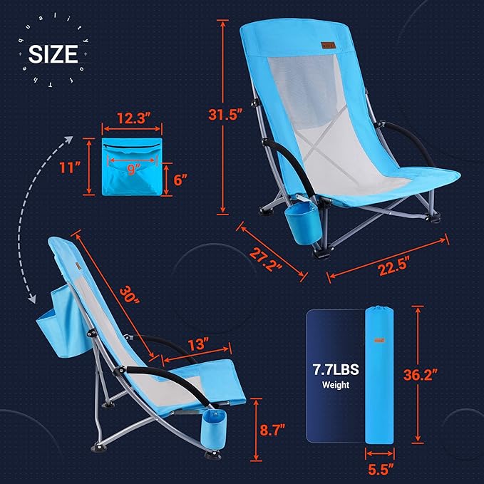 Nice C Compact High Back Beach Chair for Adults w/ Cooler Cup Holder &amp Carry Bag - Heavy Duty for Outdoor Camping BBQ Travel Picnic Festival (One Blue)