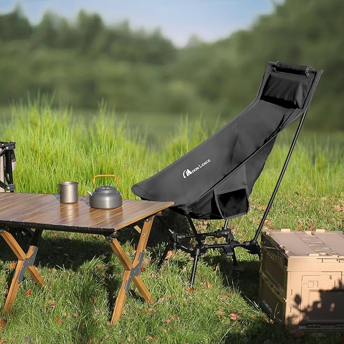 MOON LENCE Folding Portable High Back Camping Chairs for Adults Adjustable Oversize Lightweight for Beach Hunting Hiking Backpacking (Black with Anti-Sinking Feet)