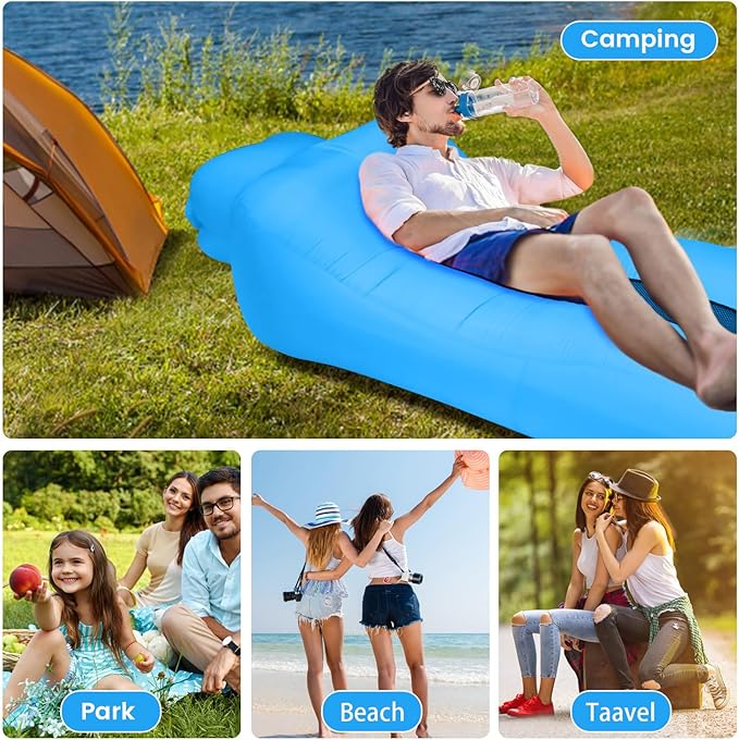 ele ELEOPTION Outdoor Inflatable Camping Couch Waterproof Portable Blow Up Air Sofa Chair Lounger for Backyard Beach Traveling Camping with Compression Sacks (Blue)