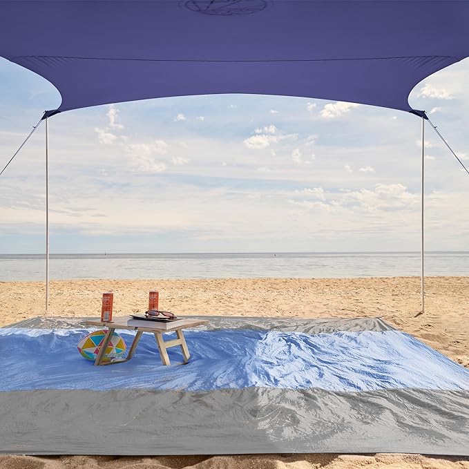 WEKAPO Beach Tent Sun Shelter - Easy Setup Beach Canopy with 4 Sturdy Poles Extra Large Sandbags and Shovel 7'8'' Tall Windproof Sun Shade for Backyard and Camping UPF 50+ Protection