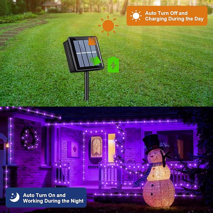 QITONG 2 Pack Purple Solar Rope Lights Each 33ft 100 LED String Lights 8 Modes Fairy Lights in Clear Thin Tube Outdoor