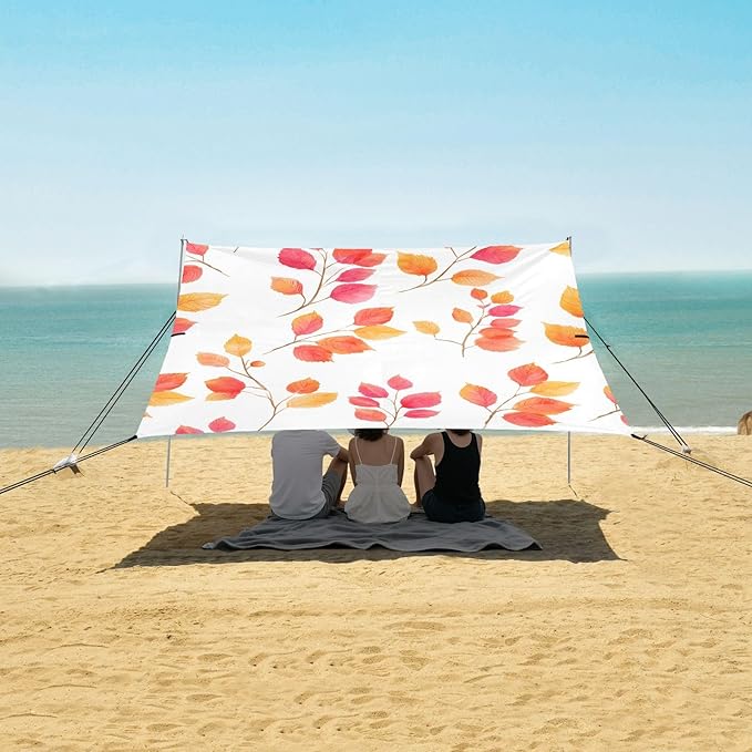 Bolaz Beach Canopy Tent Sun Shade9'×10.5' Large Family Beach Shade UPF50+- Outdoor Shade for Camping Trips FishingWatercolor Red Orange Maple Leaf Pattern