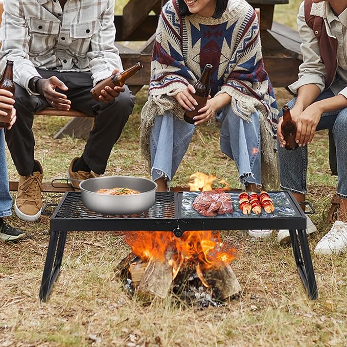 VEVOR Folding Campfire Grill Heavy Duty Steel Mesh Grate 22.4 Portable Camping Grates Over Fire Pit Camp Fire Cooking Equipment with Legs Carrying Bag Grilling Rack for Outdoor Open Flame Cooking