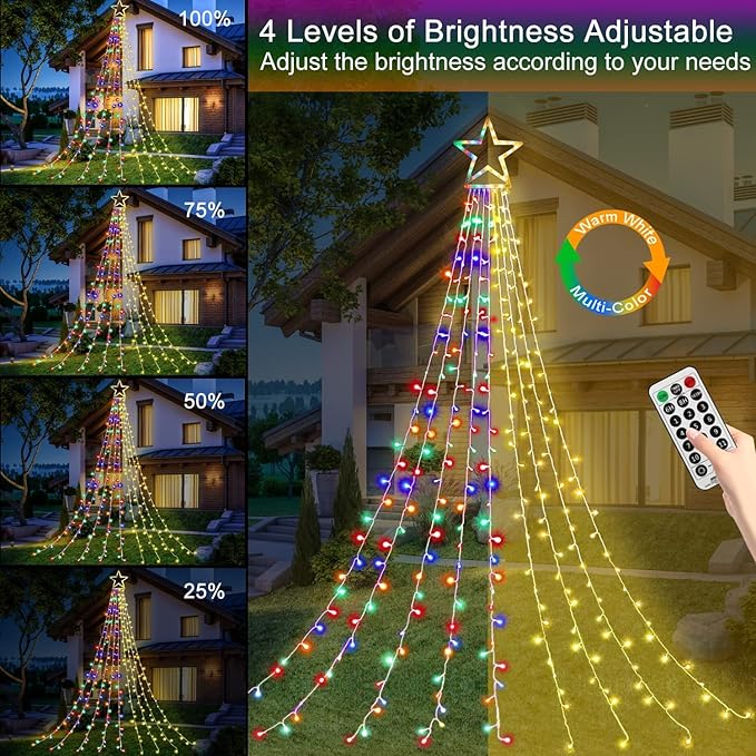 Christmas Decoration Lights Outdoor String Lights 320 LED 11.5 Ft Waterfall Tree With Big Star Topper 8 Modes for New Year Holiday Garden Yard Indoor Outdoor Decor