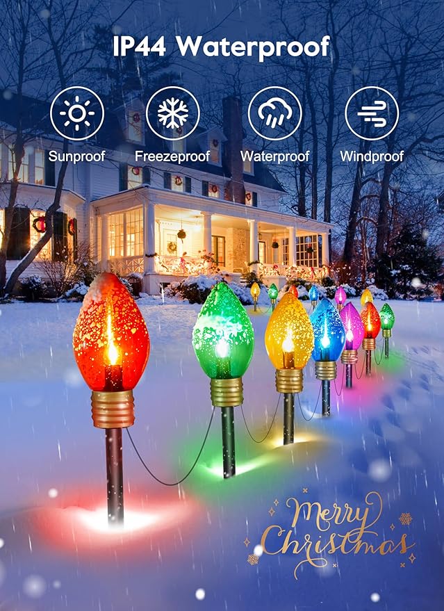 Christmas Lights Jumbo C9 Outdoor Lawn Decorations with Pathway Marker Stakes 2 Pack 8.5 Feet String Lights Covered Jumbo Multicolored Light Bulb for Holiday Outside Yard Garden Decor 10 Lights
