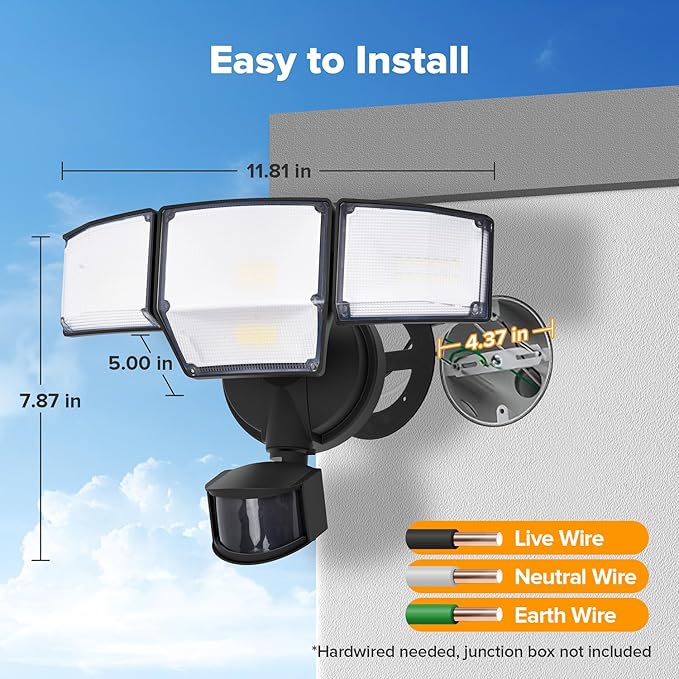 LUTEC 80W 9000LM LED Security Light Hardwire Motion Sensor Outdoor Lights 4 Head LED Flood Lights Outdoor 5000K Daylight IP65 Waterproof Motion Detected Lights for Outside Garage Yard (Black)