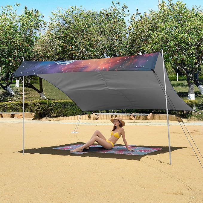 ALAZA T-rex Dinosaur Tyrannosaurus Dino Nebula Beach Tent Sun Shelter UPF50+ Protection Beach Shade Canopy w/ 4 Sandbags for Outdoor Camping Fishing Backyard Fun Picnic 10x9 ft