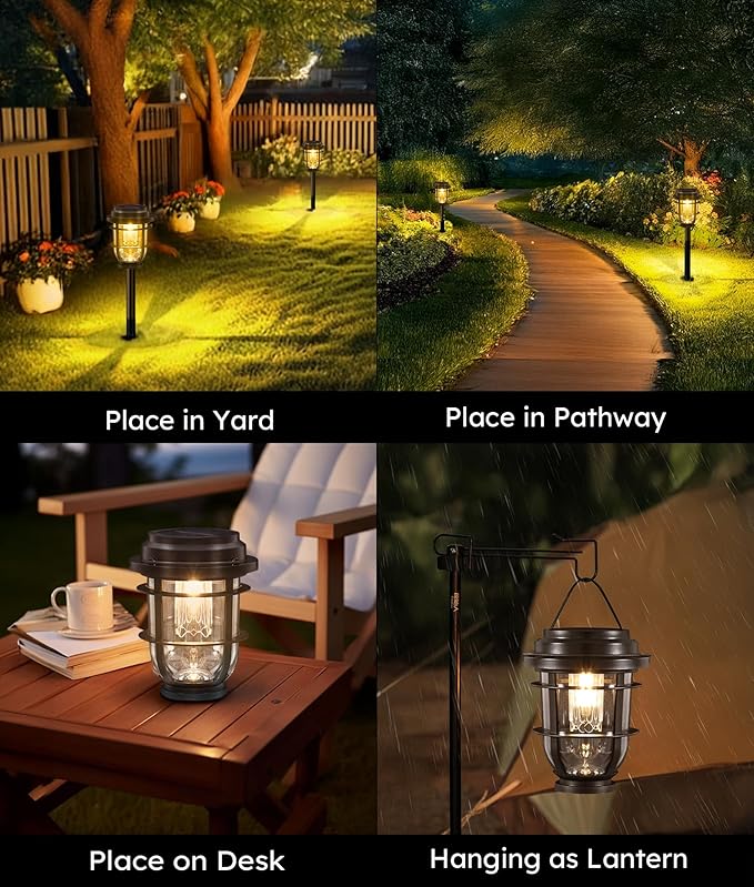 Bright Solar Pathway Lights Outdoor 6 Pack Waterproof IP65 Auto On/Off Solar Powered Garden Lights for Yard Lawn Walkway Landscape Pool Outside - 3-in-1 Hanging Tabletop &amp Stake Lighting
