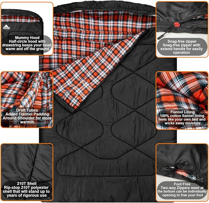 AGEMORE Cotton Flannel Double Sleeping Bags for Adults Cold Weather Waterproof Queen Size Sleeping Bag 2 Person Double Wide Warm Sleeping Bag for Family or Couples Outdoor Camping or RV Traveling
