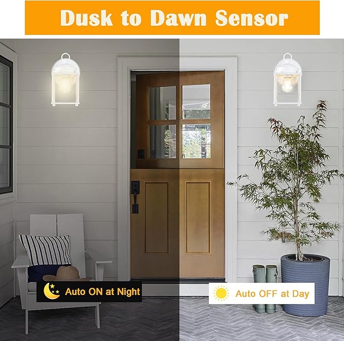 Dusk to Dawn Outdoor Wall Lantern Exterior Waterproof Sconces Lighting Wall Mount Front Porch Light Anti-Rust Metal Outside Light Fixtures with Clear Glass Matte White 2-Pack