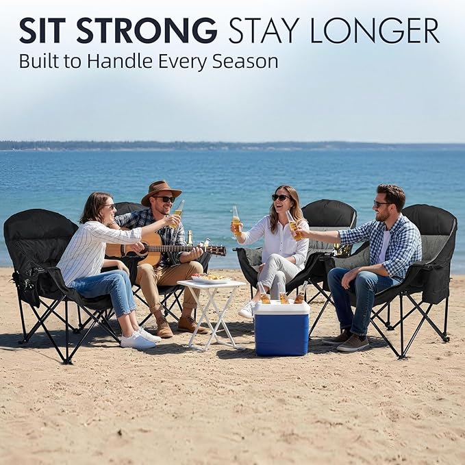 Oversized Camping Chair for Adults - Heavy Duty Outdoor Padded Large Lawn Camp Chair with Cup Holder Cooler Pockets for Sports Beach Fishing Garden Portable Supports 500lbs AllBlack 2 Pack