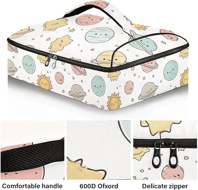 Casserole Carrier Adorable Cartoon Pattern PlanetsInsulated Casserole Carrier for Hot or Cold Food Thermal Lunch Tote for Potluck Parties Picnic Beach Fits 9 x 13 Inches Baking Dish