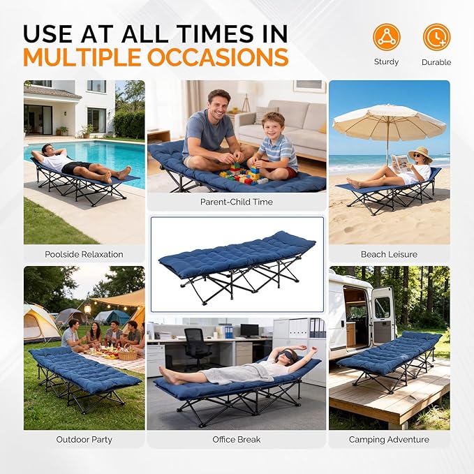 VINGLI Folding Camping Cot BedCamping Cots for Adults with Mattress Foldable Cots for Sleeping with Pillow 1200D Layer Oxford for for GuestTravelHiking-Blue 1P