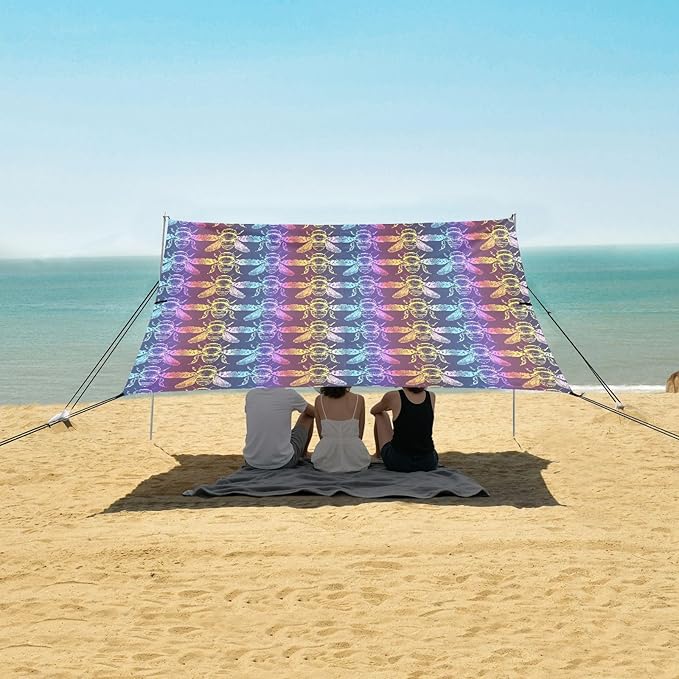 ALAZA Bee Rainbow Color Beach Tent Sun Shelter UPF50+ Protection Beach Shade Canopy w/ 4 Sandbags for Outdoor Camping Fishing Backyard Fun Picnic 10x9 ft