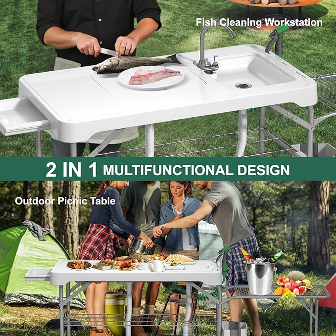 42.5 Fish Cleaning Table with Dual Sink Portable Folding Camping Table with Foldable Extension Stand Faucet Sprayer Grid Rack Hose Hook Up &amp Knife Groove Outdoor Sink Station for Picnic