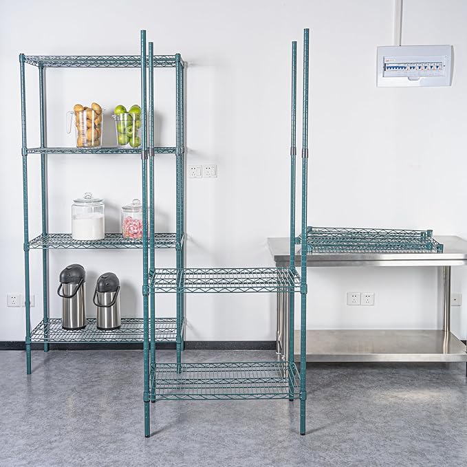 Restaurantware-Shelving Posts ONLY: Chef 101 74 Inch Shelving Posts 4 NSF Certified Epoxy Poles - Shelves Sold Separately with 4 Leveling Feet Green Steel Poles No Corrosion