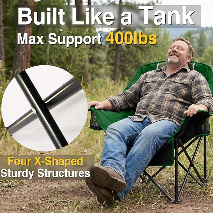 Oversized Camping Chair for Adults - Heavy Duty 400 lbs Padded Folding Chair with Wine Glass Holder 2 Cup Holders &amp Side Pockets Portable Carry Bag for RV Tailgating Lawn