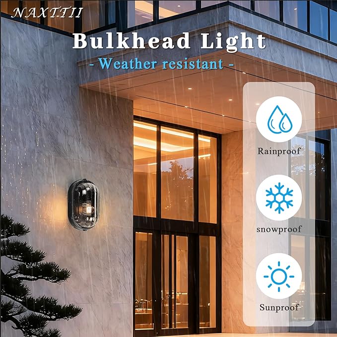 11 Inch Bulkhead Light Aluminum Bulkhead Ceiling Light with Thickened Clear Glass Waterproof Outdoor Wall Lights for Porch Basement Balcony or Sauna Room E26 Socket UL Listed