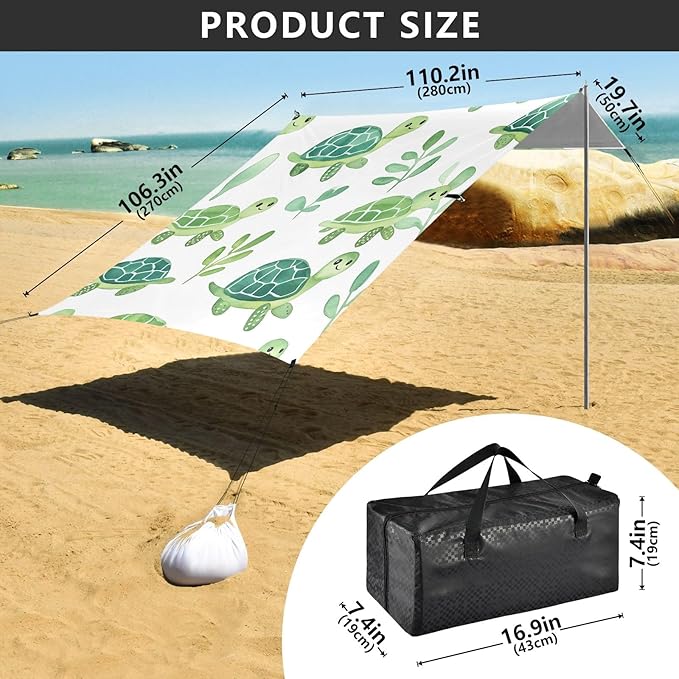 Cute Watercolor Turtle Pattern Camping Sun Shelter Beach Tent Portable Beach Sun Shade Outdoor Canopy for Camping Trips Fishing Picnic
