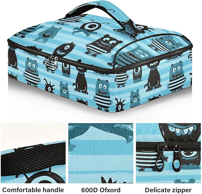 Casserole Carrier Cartoon MonstersInsulated Casserole Carrier for Hot or Cold Food Thermal Lunch Tote for Potluck Parties Picnic Beach Fits 9 x 13 Inches Baking Dish