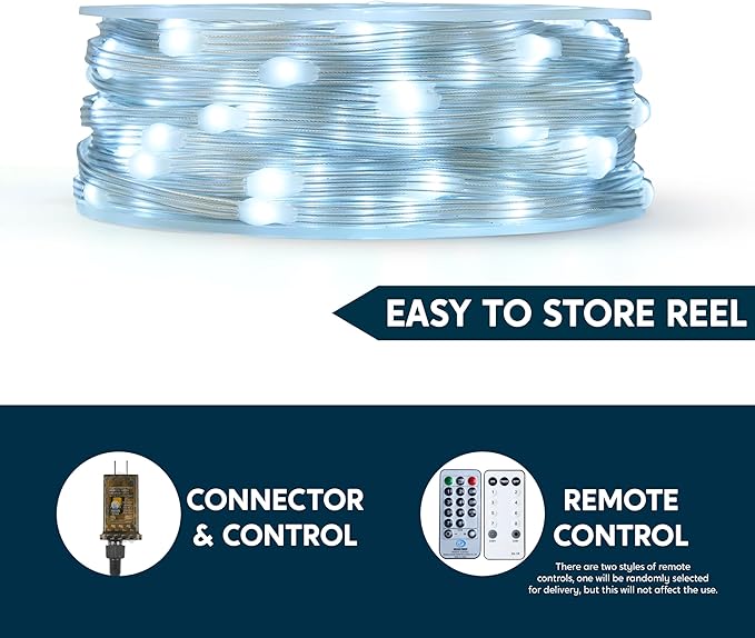 Joiedomi 600 LED Christmas Lights Outdoor197 FT Cool White Christmas Tree Lights with 8 Modes Timer PVC Clear Wire String Lights with Reel for Indoor Outdoor Holiday Xmas Eve Night Decorations