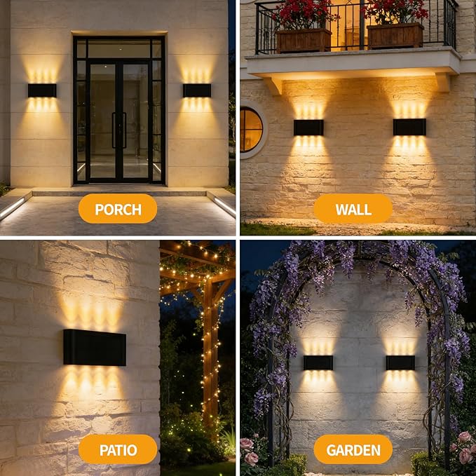 Solar Wall Lights Outdoor 2 Pack Up and Down Solar Wall Sconce 3000K Warm White Dusk to Dawn IP65 Waterproof Exterior Mounted Lights Up to 16H Runtime for Porch Doorway Entryway