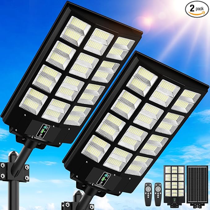 9000W Solar Street Lights Outdoor 27 240000LM Solar Lights Waterproof with Motion Sensor 6500K Dusk to Dawn Commercial Lighting for Parking Lot Security LED Flood Lights for Driveway Yard 2-Pack