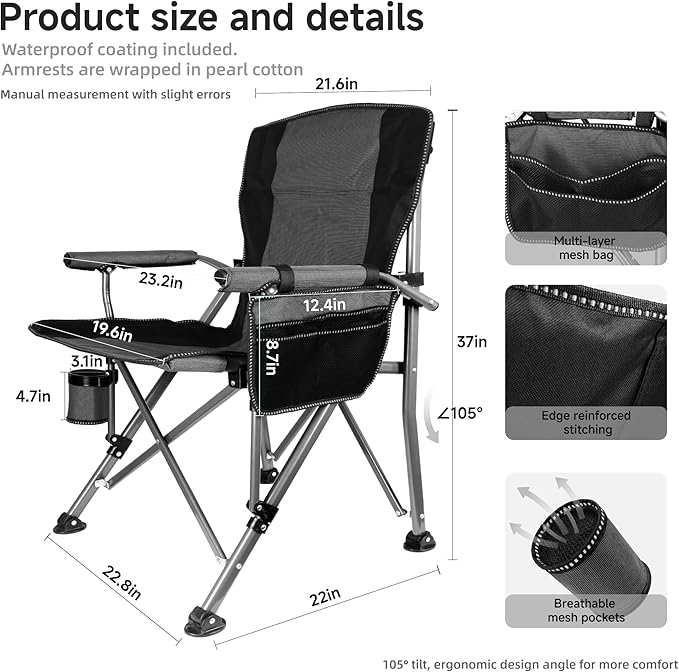 Folding Camping Chair with Cup Holder and Storage Bag Heavy Duty Support 400 LBS Oversized Collapsible Portable Camping Chair for Outdoor Camp Picnic Travel Fishing Grey