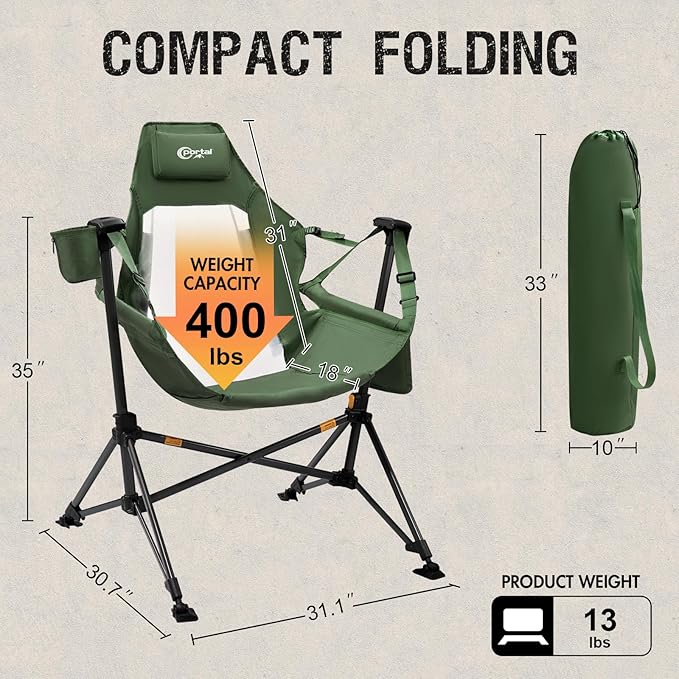 Portal Hammock Camping Chair Portable Outdoor Swinging Chairs with Adjustable Back and Height for Lawn Backyard Patio Supports 400 lbs Breathable Mesh High Back Green
