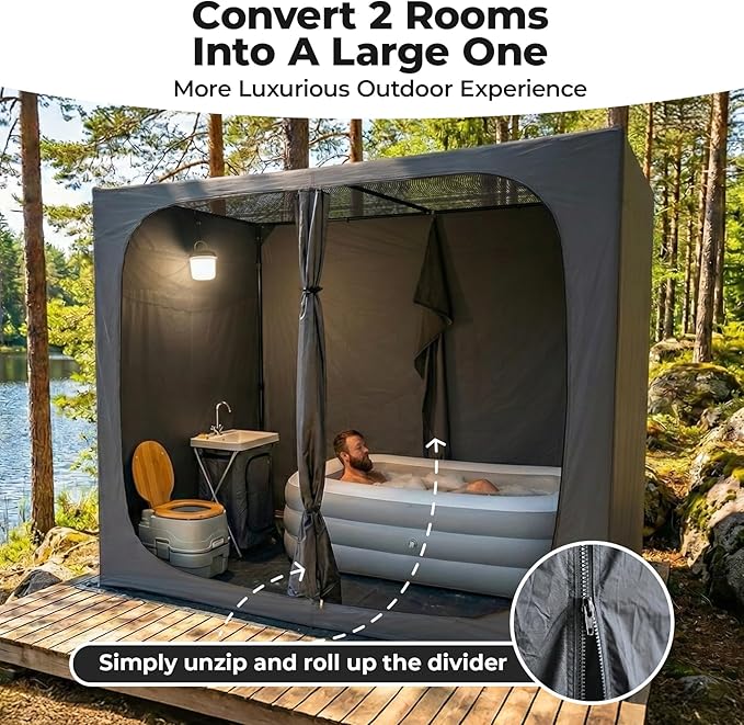 EighteenTek® Shower Tent Camping 2-Room Portable Changing Room Outdoor Shower Enclosure Pop Up Privacy Tent Shelter with Floor &amp Doors Waterproof &amp Lightweight Camping Toilet Bathroom