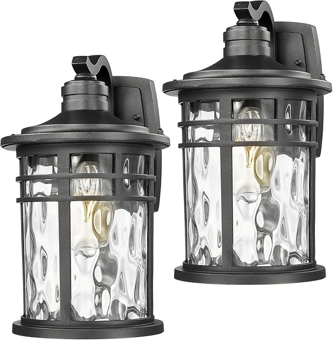Darkaway 2pcs Large Outdoor Porch Lights Wall Mount 15inch Outside Light Fixtures Sconces Wall Lighting with Water Ripple Glass Waterproof Exterior Lights for Patio Yard Garage