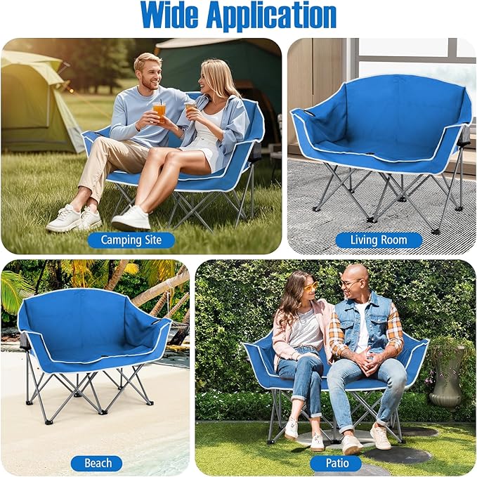 Goplus Double Camping Chair Folding 2-Person Couch w/2 Cup Holders Dual Back Pockets Heavy-Duty Metal Frame Oversized Duo Lawn Chair for Adults Perfect for Backyard Patio(Blue)