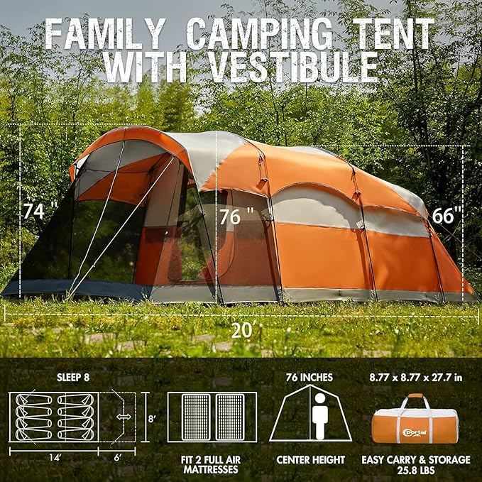 PORTAL 6/8/10 Person Family Camping Tent with Screen Room Water Resistant Big Tunnel Tents with Rainfly Large Family Tent for Camping Outdoor Patio
