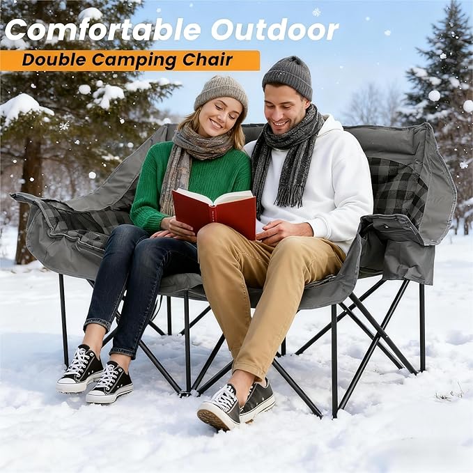 Heated Double Camping Chair with 2 Battery Padded Camping Couch with 3 Heat Levels and 4 Heating Zones Oversized Camp Loveseat Support 800lbs for Soccer Games Tailgating RV Travel Beach Days