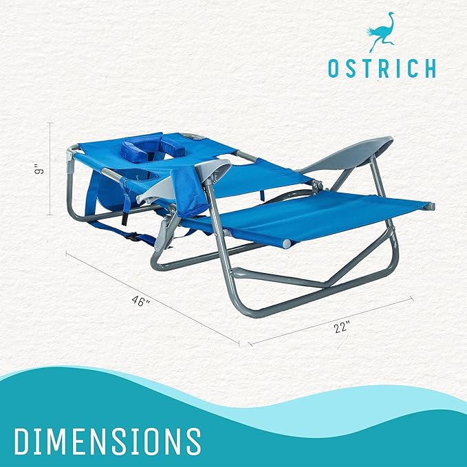 Ostrich the Heavy-Duty Backpacker Portable Beach Chair with Face Hole Adjustable Lounge Chair with Face Opening Cup Holder &amp 325lb Capacity Blue