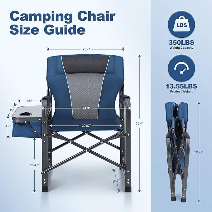 LET'S CAMP Oversized Folding Director Chair Outdoor Heavy Duty Camping Chair with Side Table and Cooler Bag for Picnic Hiking Fishing Supports 350LBS2 Pack