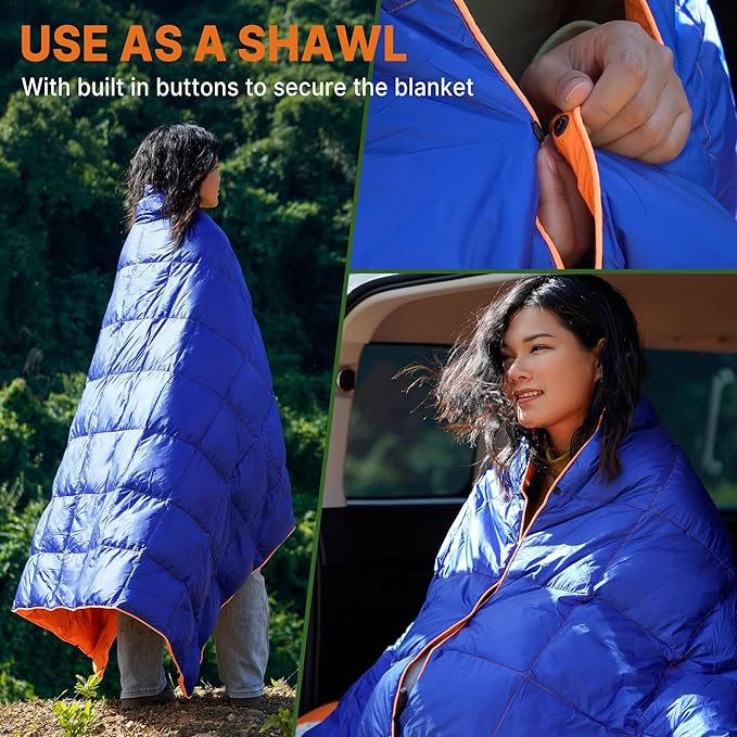 Down Puffy Blanket for Car Camping Outdoor Travel Backpacking Duck Down Lightweight Portable Soft Warm Cozy Camping Blanket Quilt 53x78 Lake Blue