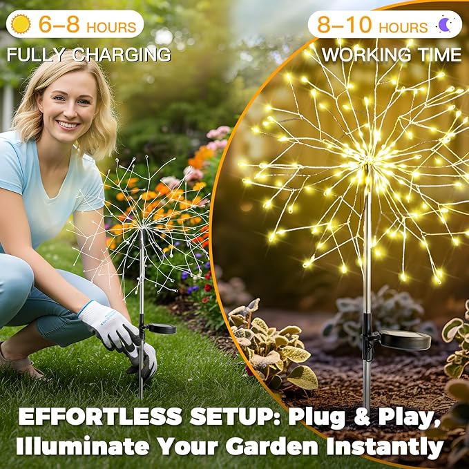suddus Solar Garden Lights Outdoor Waterproof Decorative Upgrade 2Pack 150LED Firework Lights Solar Fairy Lights for Yard Garden Party Patio Pathway Flowerbed - Warm White